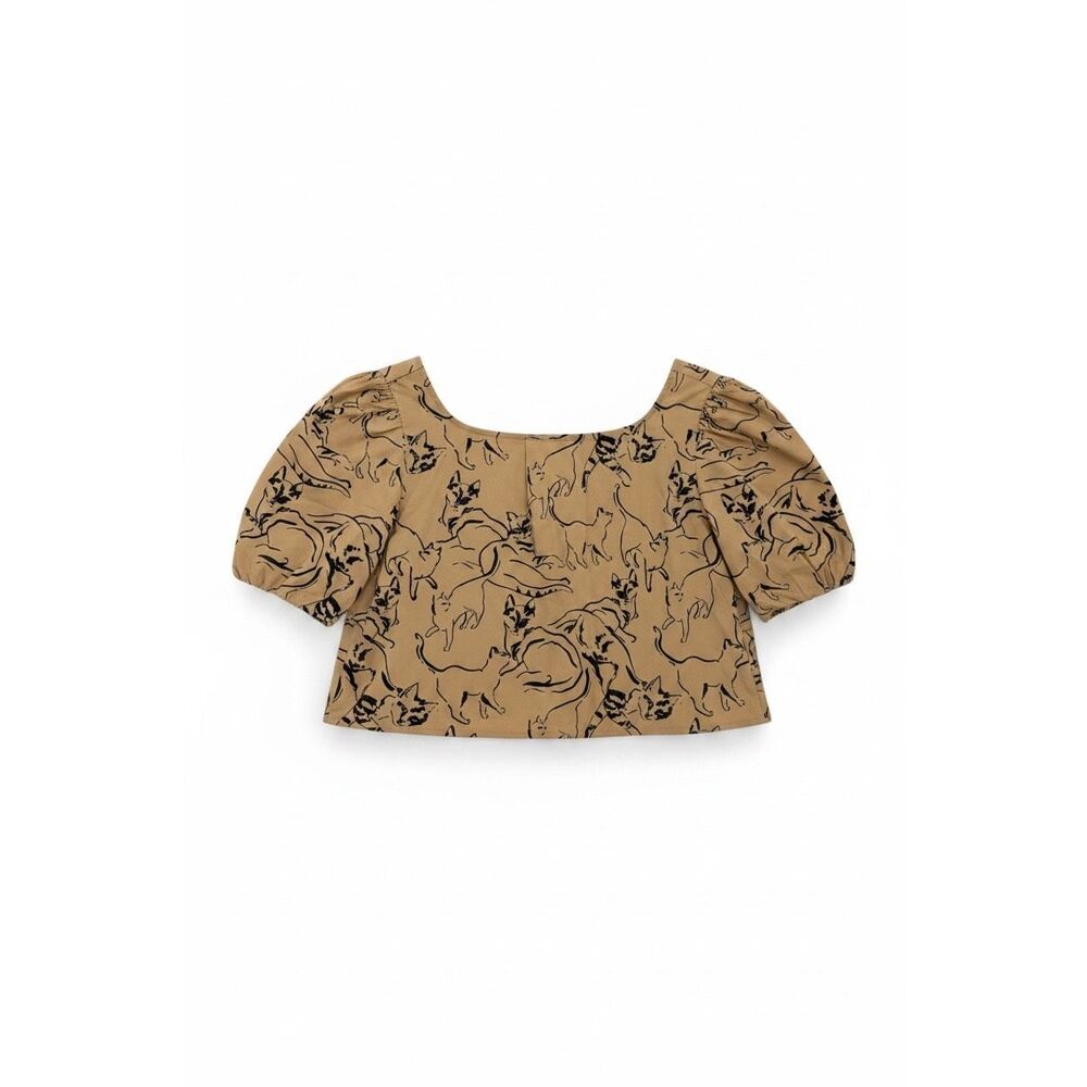 Anthropologie Maeve Puff-Sleeve Swing Blouse Brown Cat Sketch Size XS
